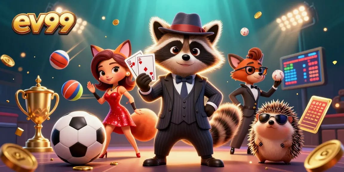 Join the excitement at ev99 with a suave raccoon holding a royal flush, dynamic sports elements, and engaging characters.