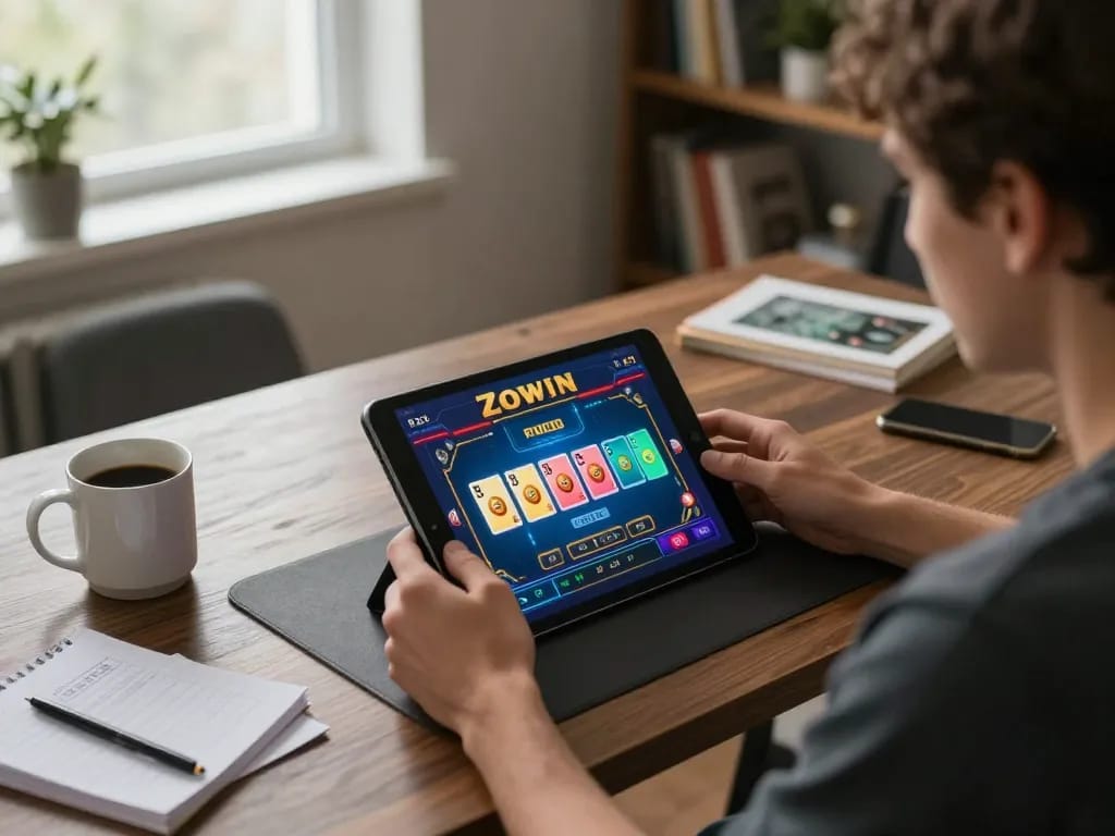 Engaging in a Zowin card game on a tablet in a cozy home setup.