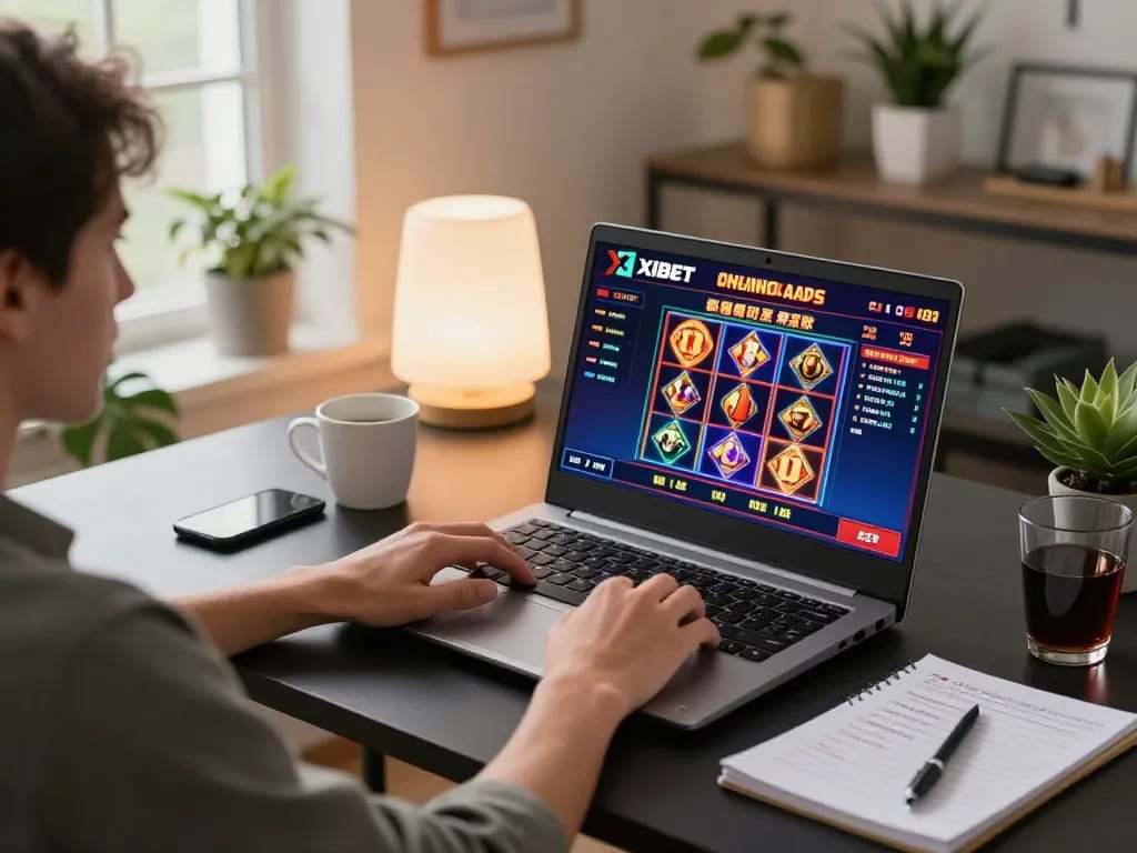 XIBET online casino gameplay on a laptop in a cozy home setting, enhancing strategic betting experience