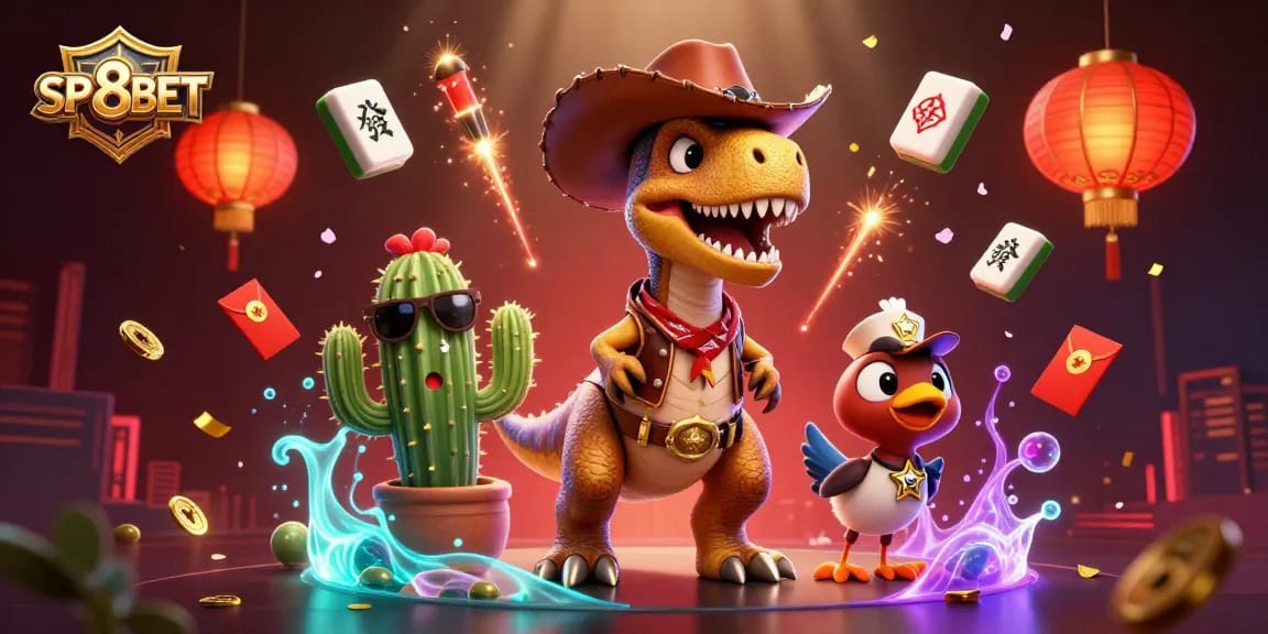 Experience SP8BET's thrilling casino atmosphere with a cartoon dinosaur, cactus, and roadrunner amidst vibrant game elements.