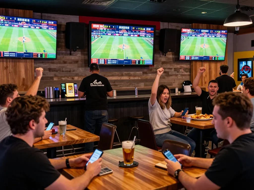 Tỷ lệ kèo nhà cái hôm nay displayed on screens in a lively sports betting environment.
