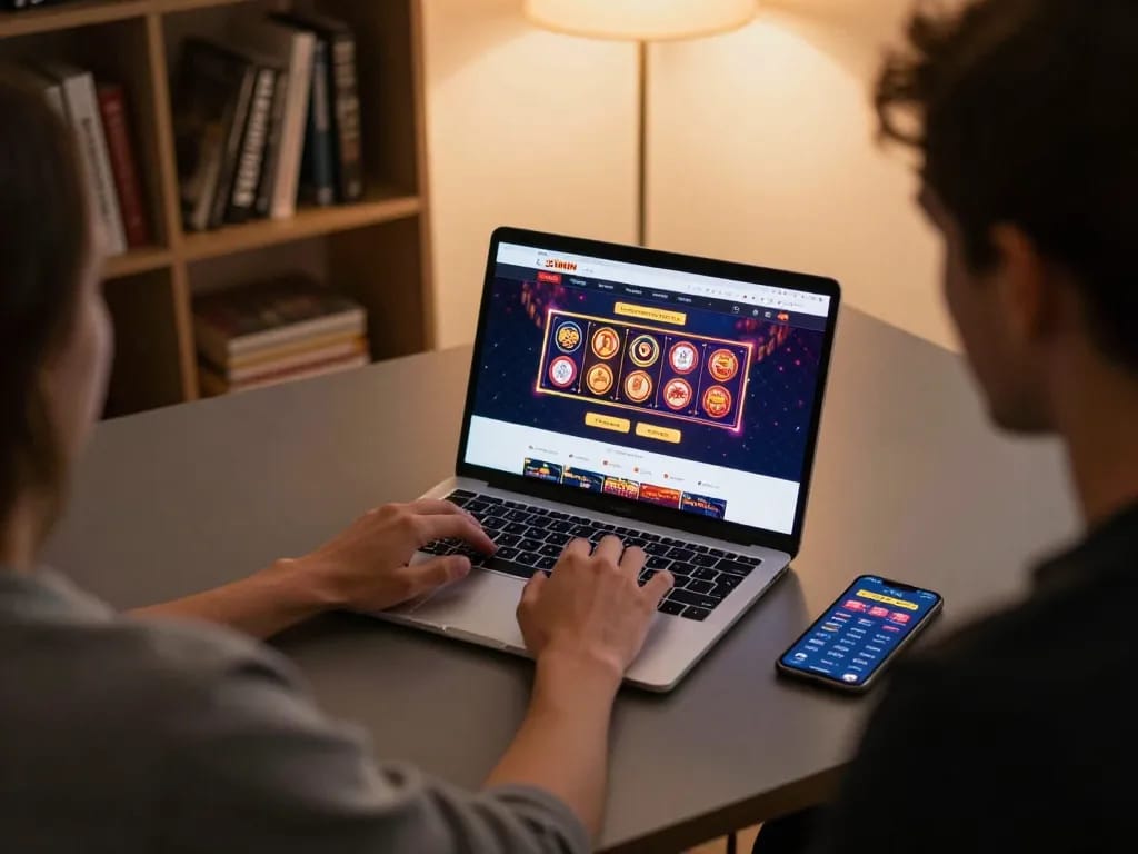 Player engaging in 33WIN online gaming from a cozy home office, laptop displaying vibrant casino graphics.