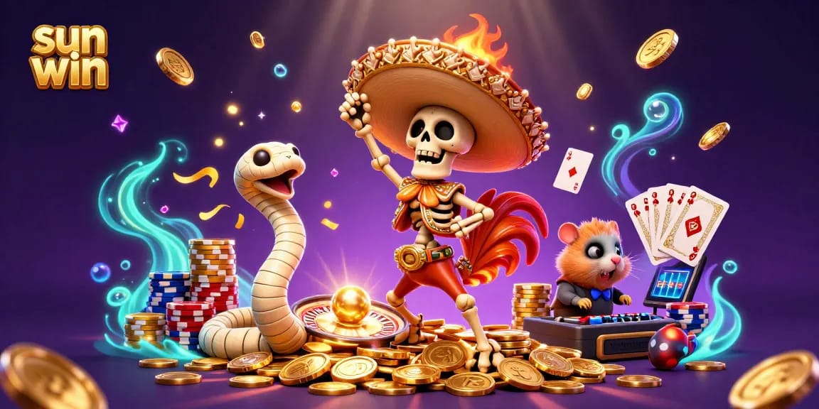 Experience sun win with a dynamic victory dance scene featuring a mariachi rooster, mummy snake, and hamster DJ!