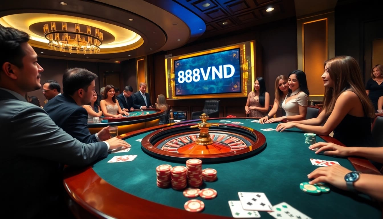 Experience the thrill of 888VND VIP at a luxurious casino with vibrant gaming tables and excited players.