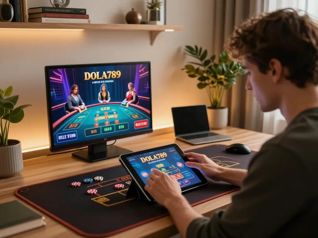 Engaging in Casino DOLA789 live dealer games on a stylish tablet setup, showcasing modern gaming atmosphere