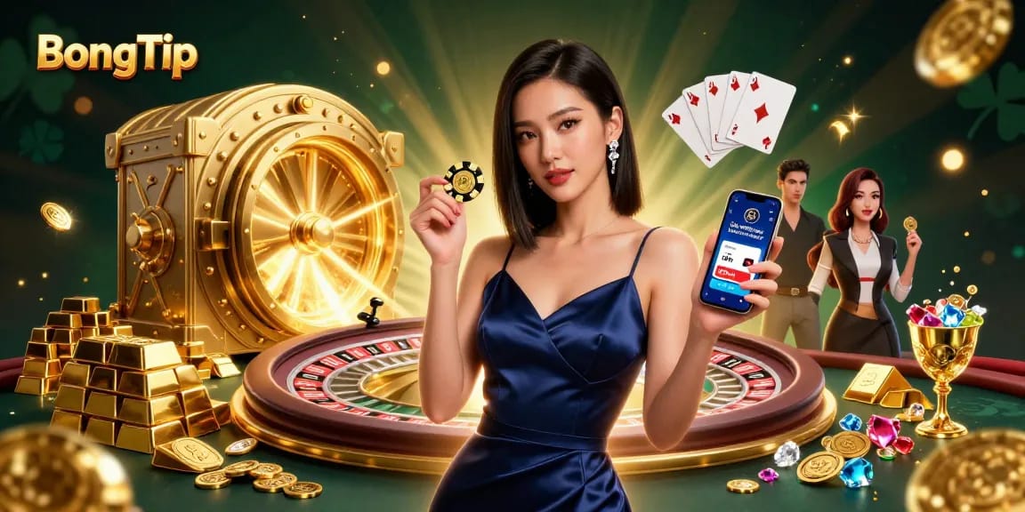 Win big with BongTip in this vibrant casino scene filled with gold and glamour.