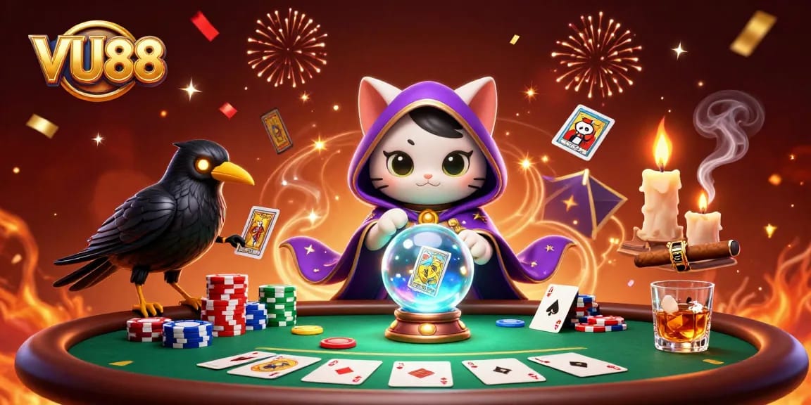 Engage in thrilling gaming at VU88 with an illustration of a mystical casino scene packed with action.