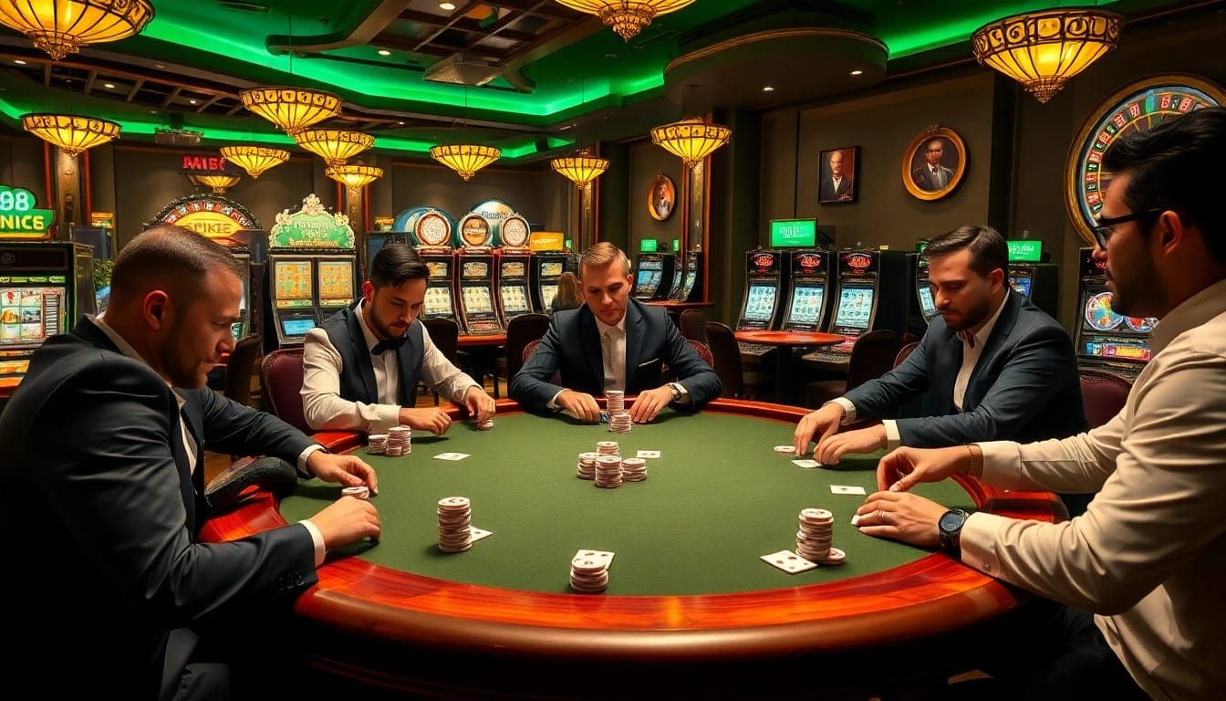 Experience the excitement of tg88 at a luxurious poker table with professional players engaged in high-stakes action.