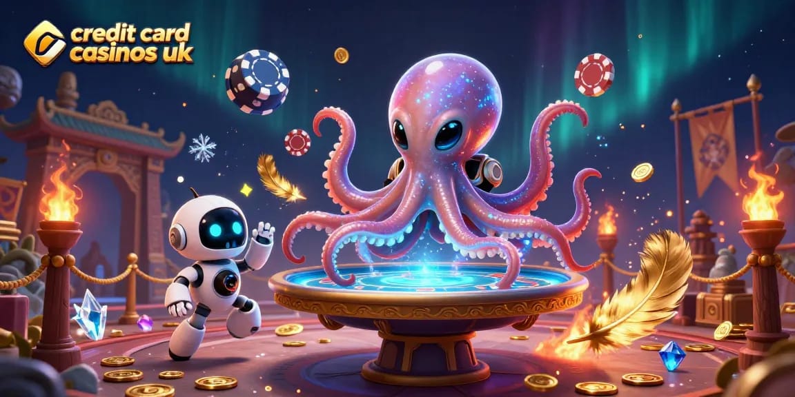 Engage with dynamic action at credit card casinos uk featuring alien octopus and poker-themed elements.