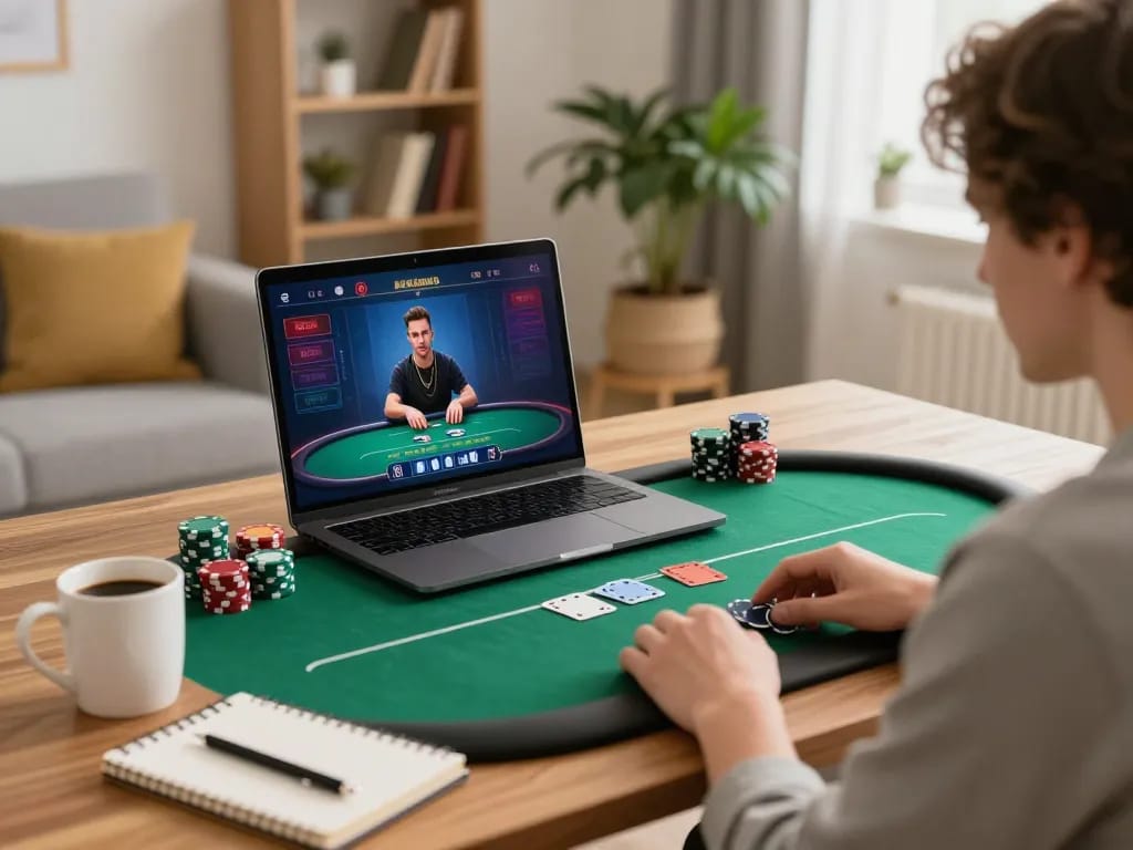 Player engaging in CK444 online poker game with strategy notes and cozy home setting.
