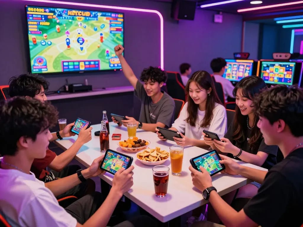 Excited gamers explore Hitclub features while downloading tải hitclub app in a vibrant lounge.