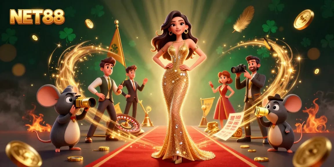Bet with NET88 at a vibrant casino scene featuring a glamorous woman and a cartoon paparazzi.