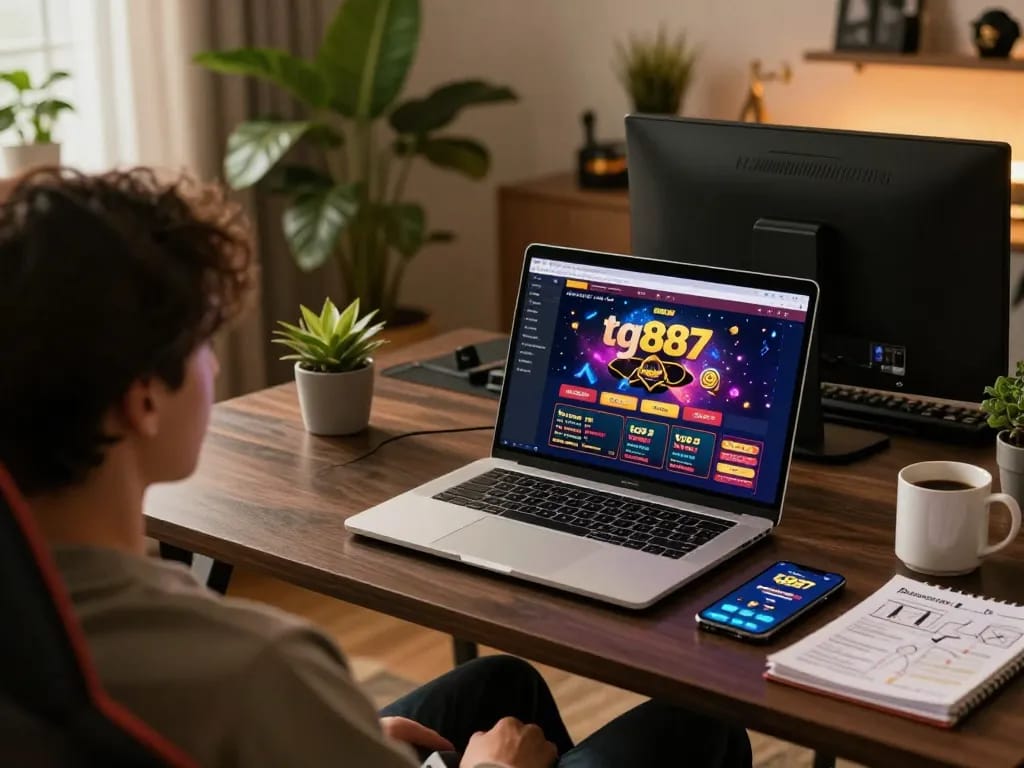 Engaged user enjoying tg887 online casino, displaying strategy notes and casino interface.