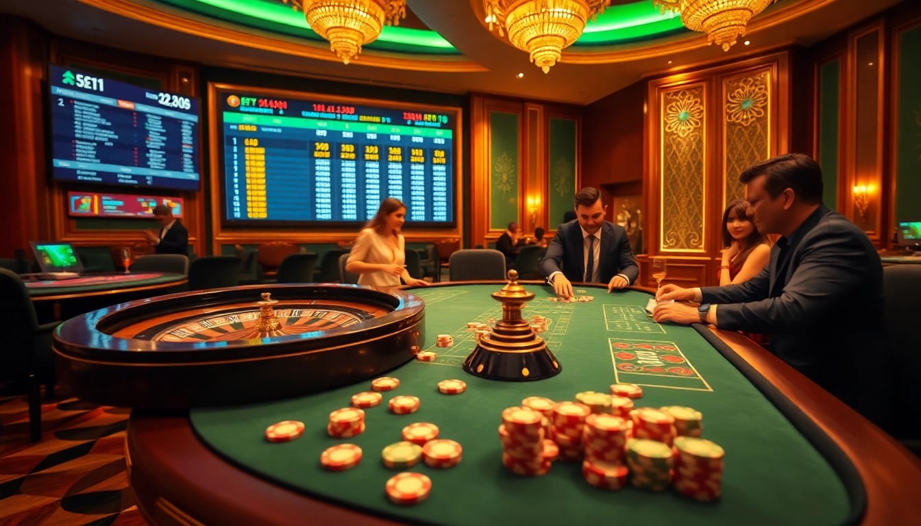 Kèo Nhà Cái betting scene featuring an engaging sports table, poker chips, and a roulette wheel.