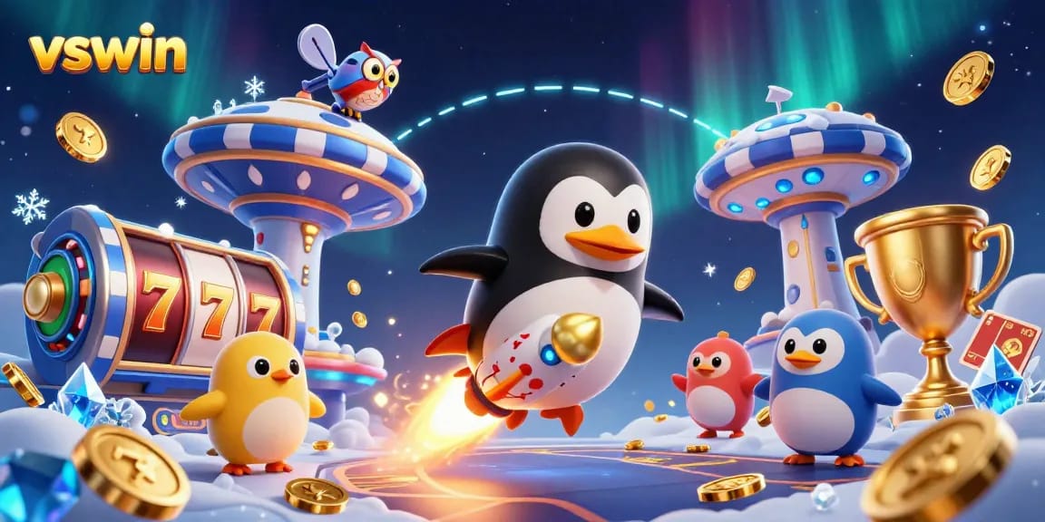 Experience thrilling gaming adventures at VSWIN with a golden penguin racing towards casino rewards.