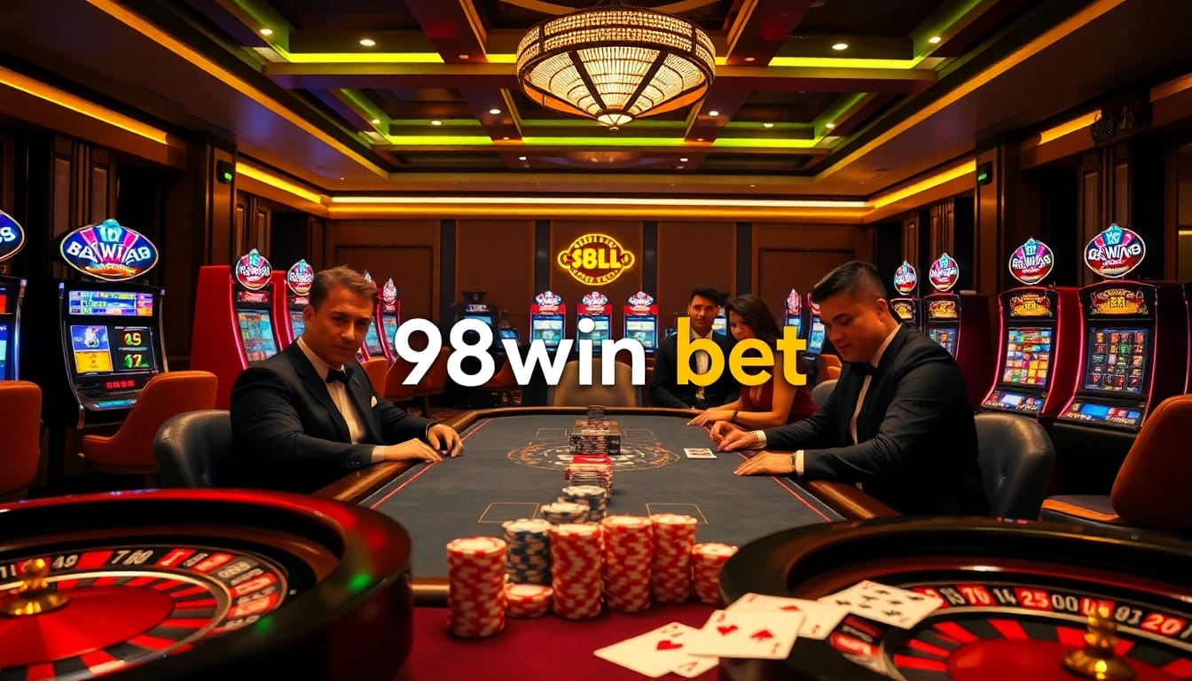 Join in the excitement of 98win bet at a vibrant poker table with colorful chips and cards.