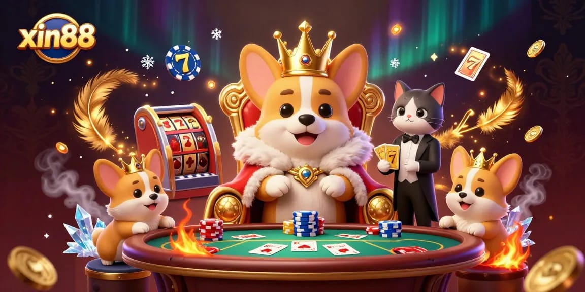 Experience exciting gameplay at xin88 with a royal corgi and poker-themed elements in a dynamic casino scene.