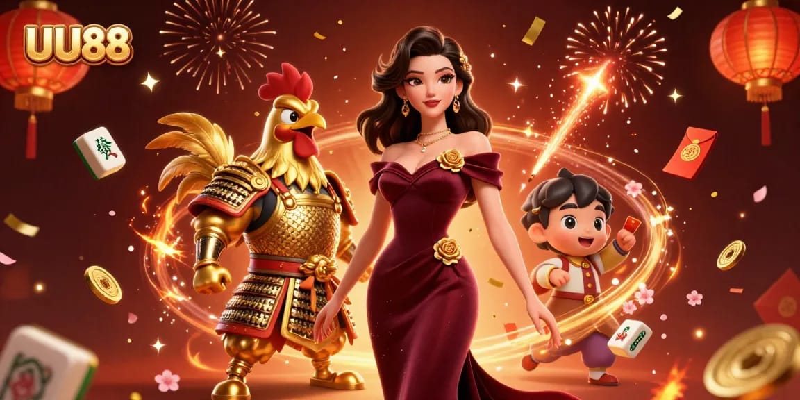 Experience the thrilling atmosphere of UU88 as a glamorous woman and samurai rooster celebrate gaming excitement.
