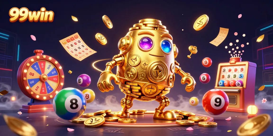 Engage with the vibrant 99win dynamic scene showcasing a golden golem amidst colorful lottery elements.