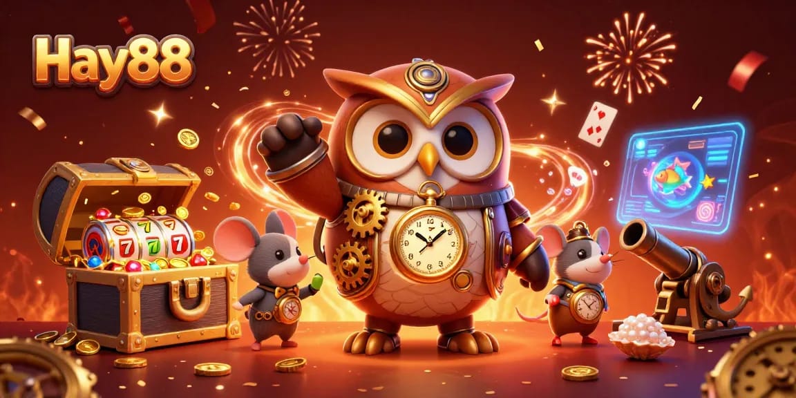Experience thrilling gaming action at Hay88 with unique characters, slot reels, and casino elements.