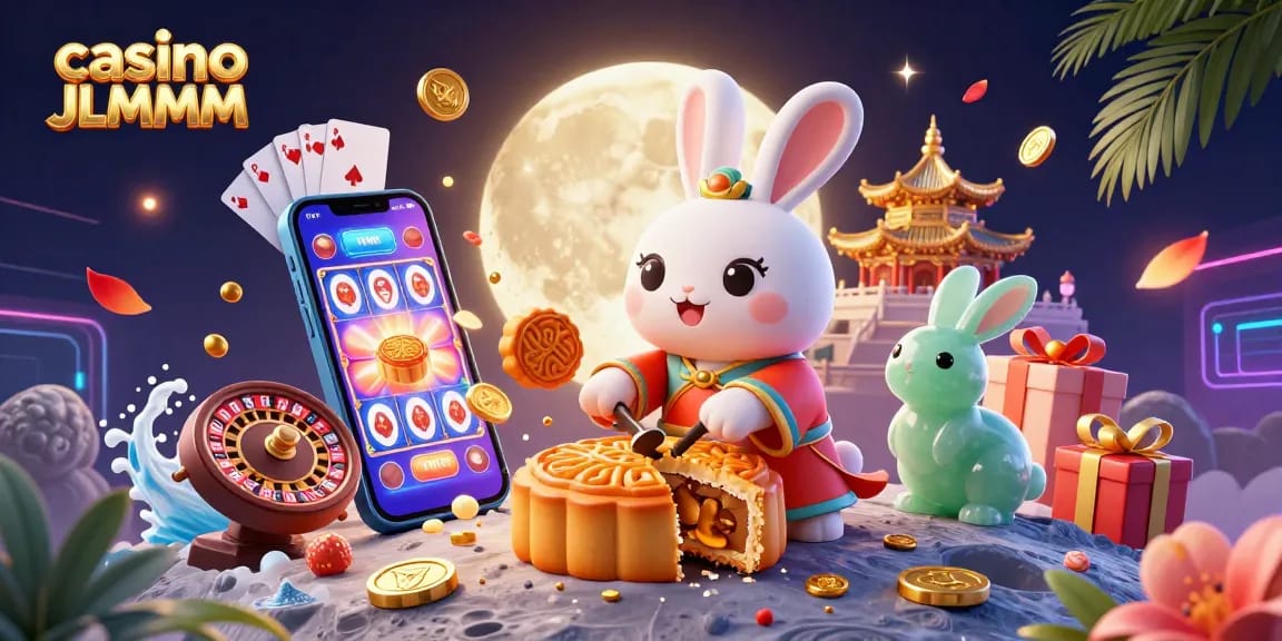 Engage with the magical casino JLMMM experience featuring a moon rabbit amidst vibrant gaming elements.