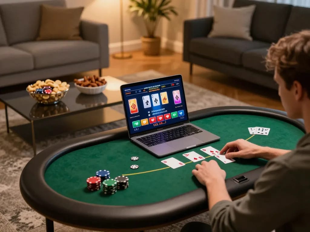 Usbet online poker game interface displayed on a laptop during a cozy home gaming night