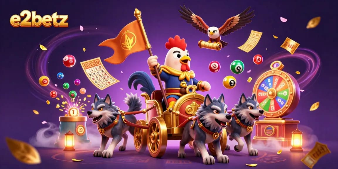 e2betz offers an exciting scene with a rooster warlord, lottery balls, and vibrant gaming elements.