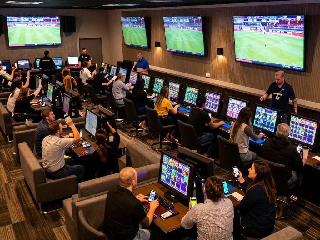 Kèo Nhà Cái sports betting scene with enthusiastic patrons placing live bets on screens