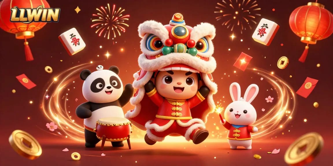 LLWIN brings luck with a vibrant lion dance performance surrounded by festive casino elements.