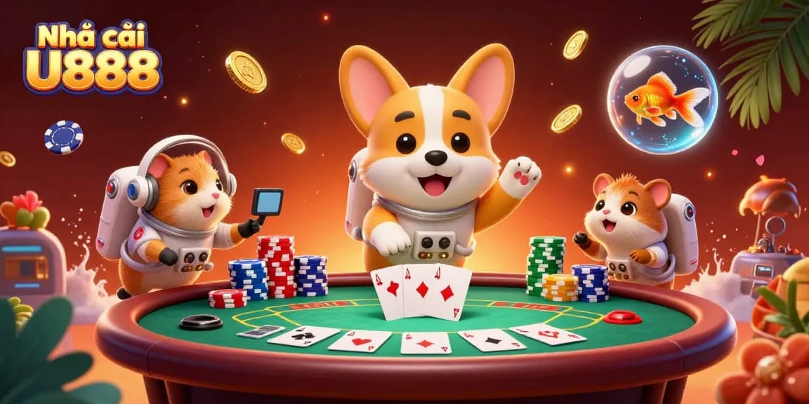 Experience the thrill of gaming at Nhà cái U888 with vibrant casino visuals featuring playful characters.
