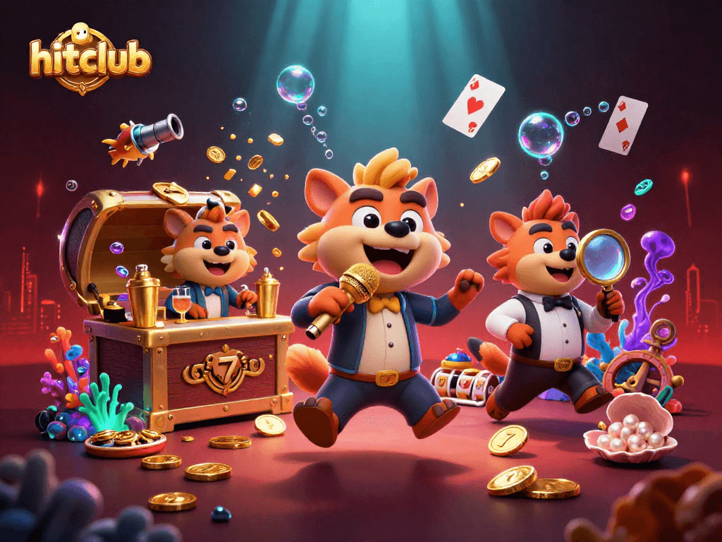 Experience the excitement at hitclub as hyenas perform at a comedy casino surrounded by vibrant gaming elements.