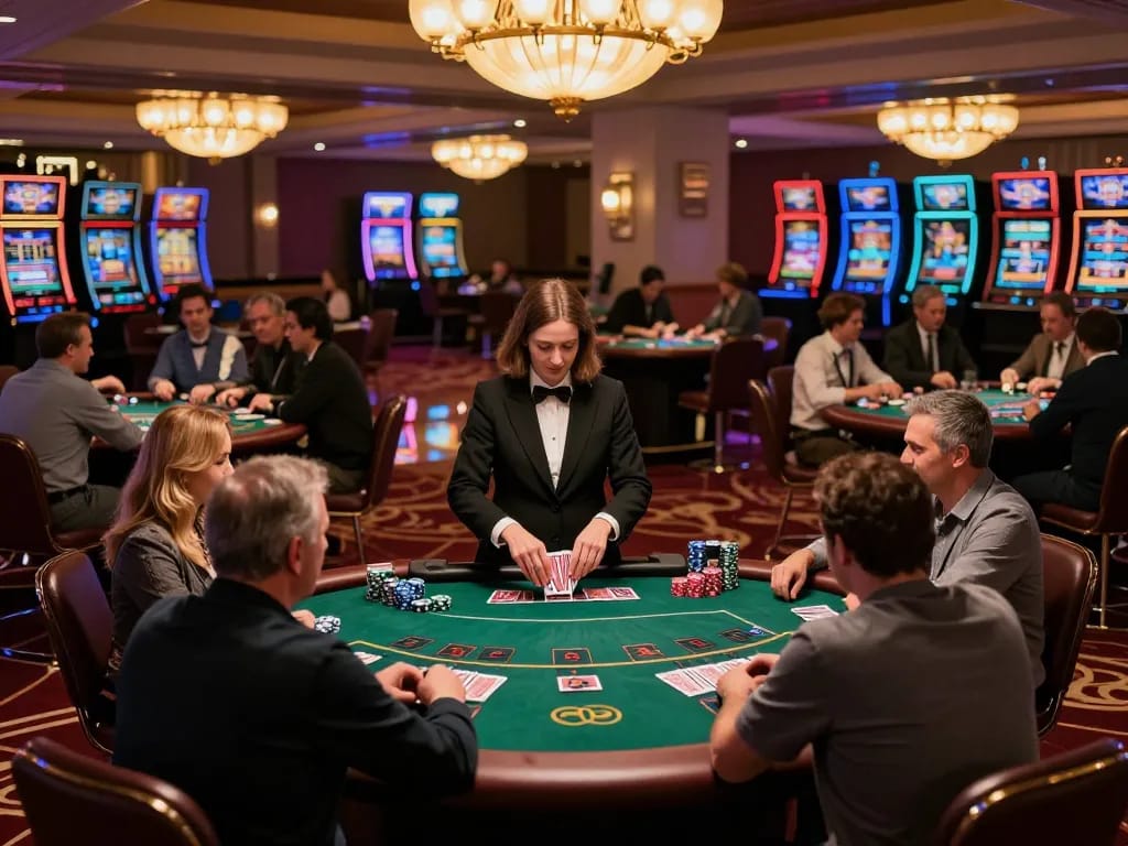Experience the vibrant atmosphere of KUWIN. COM with players engaging at a blackjack table in a luxurious casino setting.