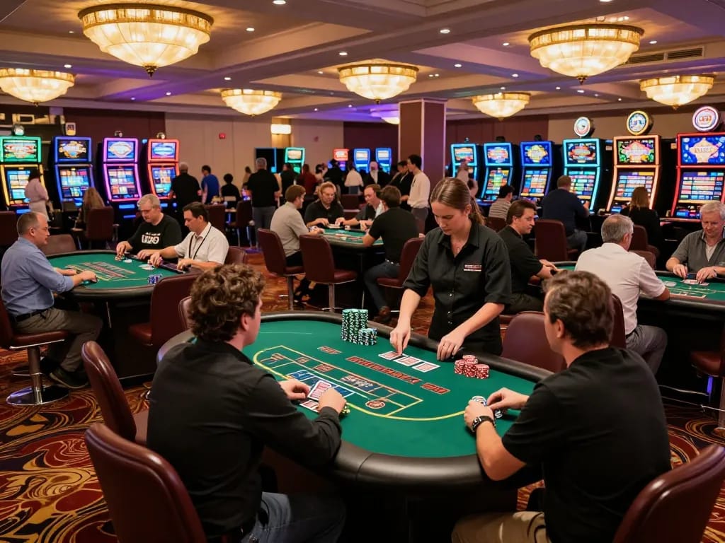Experience the thrill of gambling at https://kjc365.com/ featuring blackjack tables filled with engaged players in a luxurious casino setting.