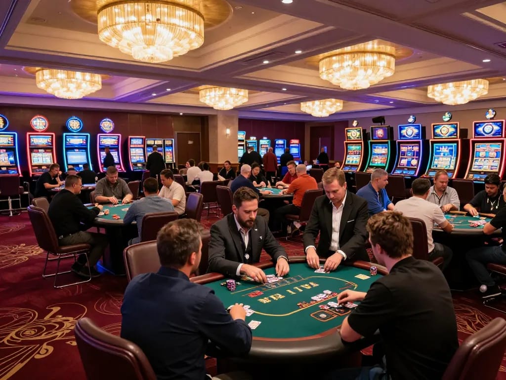 Players engage in strategic poker actions at a lively casino, with vibrant lighting and excitement at 98win01.