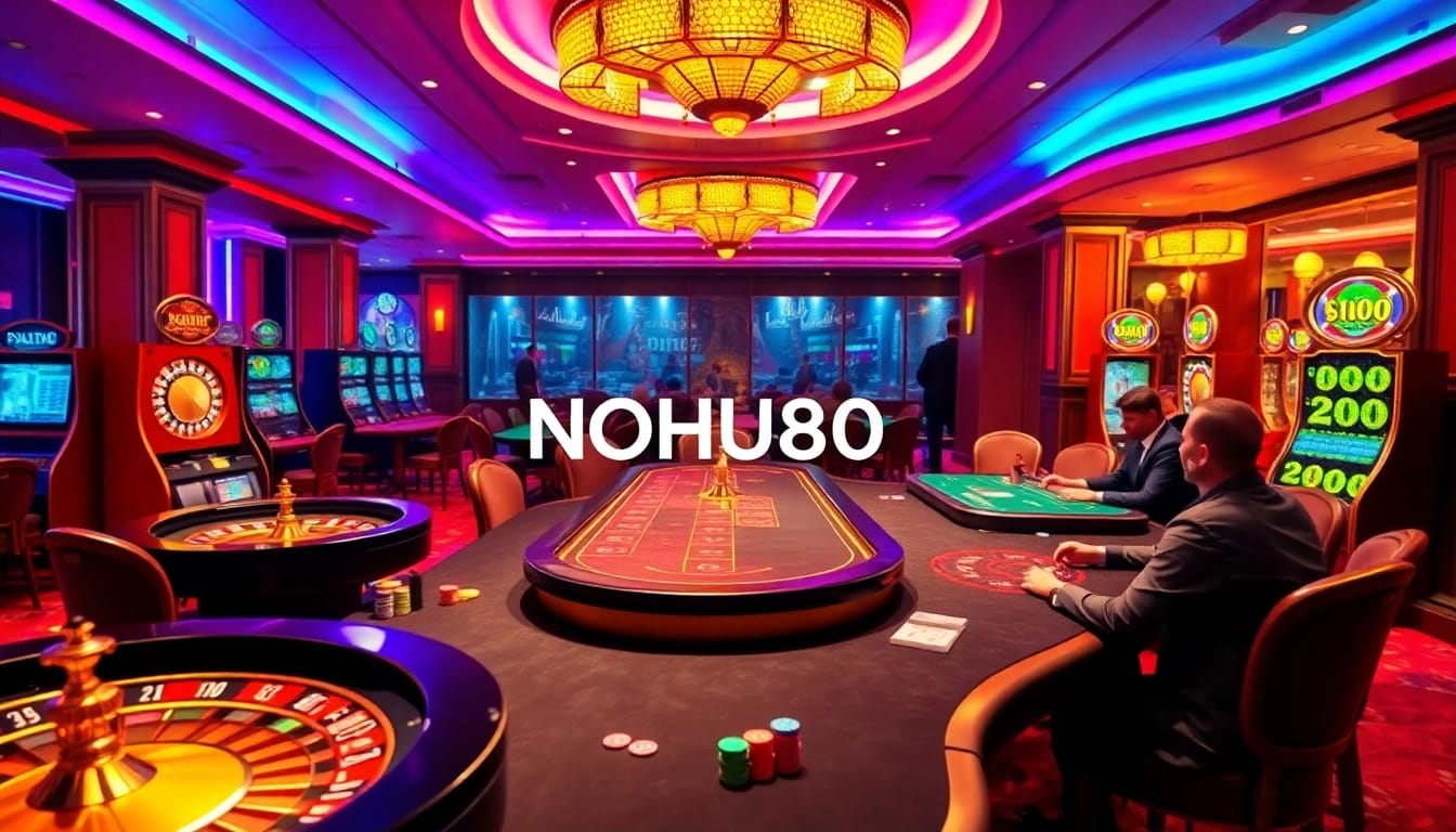 Nohu90 casino scene showcasing players at tables, engaging in poker and blackjack.