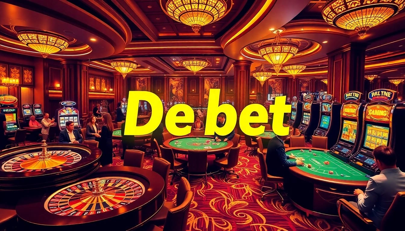 Exciting betting action around the poker tables at De bet casino showcasing colorful chips and players engaged.