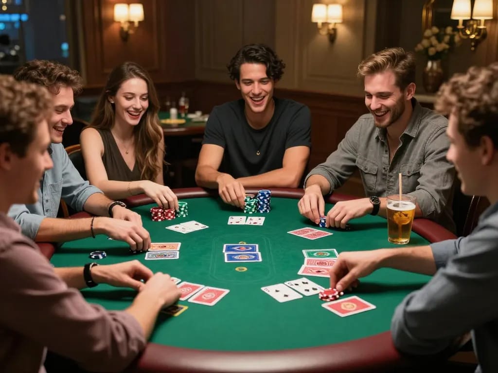 Friends playing an intense poker game at home, highlighting the excitement of SHBET in a lively gathering.