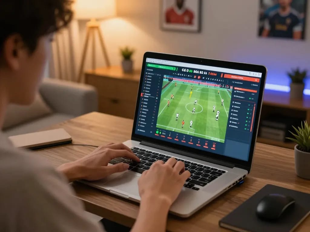 Cá Độ Bóng Đá Online betting strategy in action, with player poised over laptop screen displaying game stats