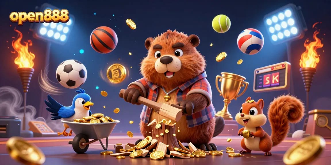 Engage with open888: A vibrant 3D scene of a beaver collecting golden coins amidst a sports betting frenzy.