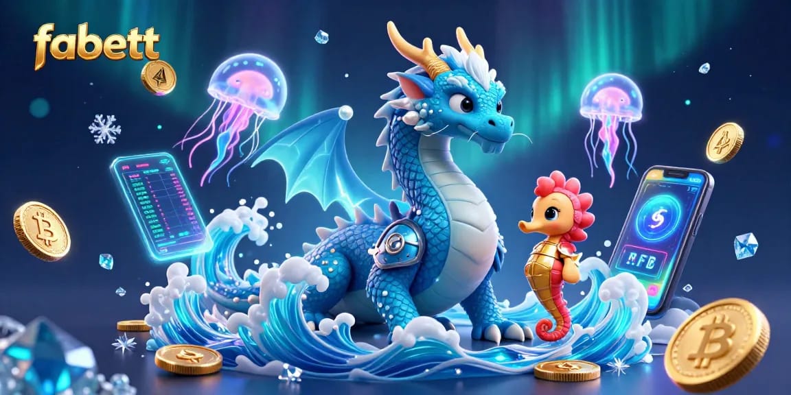 Engaging fabett illustration featuring a water dragon with crypto elements, emphasizing online gaming excitement.