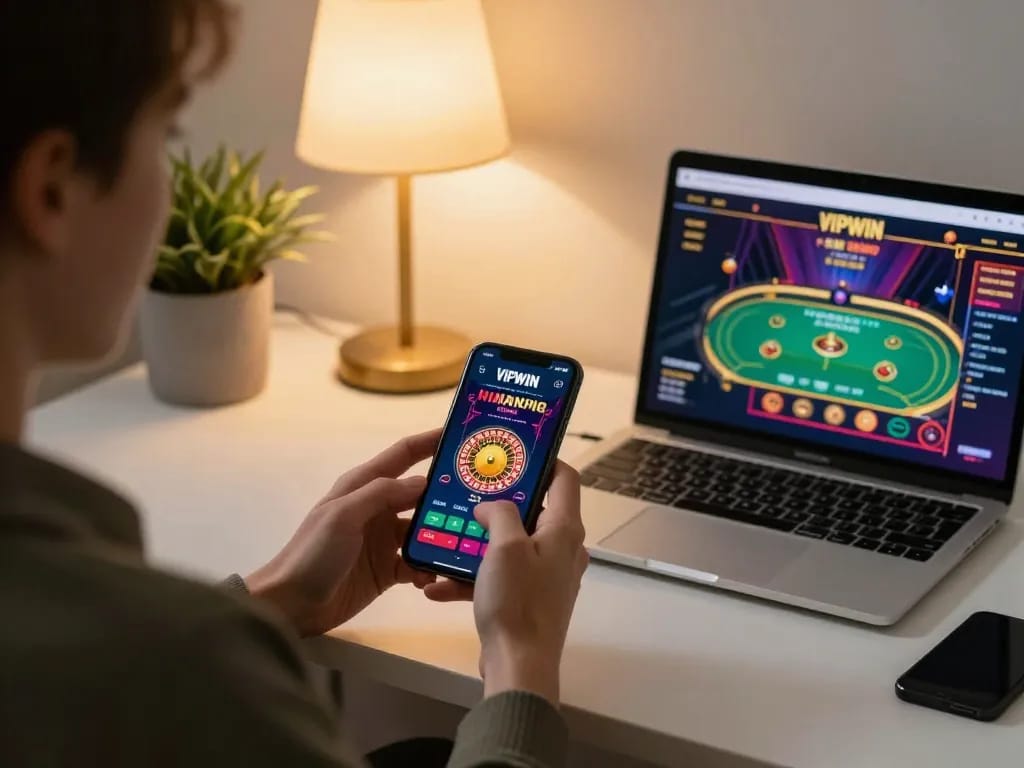 VIPWIN user engaging with the casino app while strategizing gameplay at a modern desk.