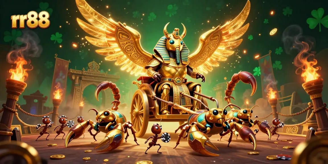 Win big with rr88 in this vibrant 3D casino scene featuring a golden scarab beetle and scorpions.
