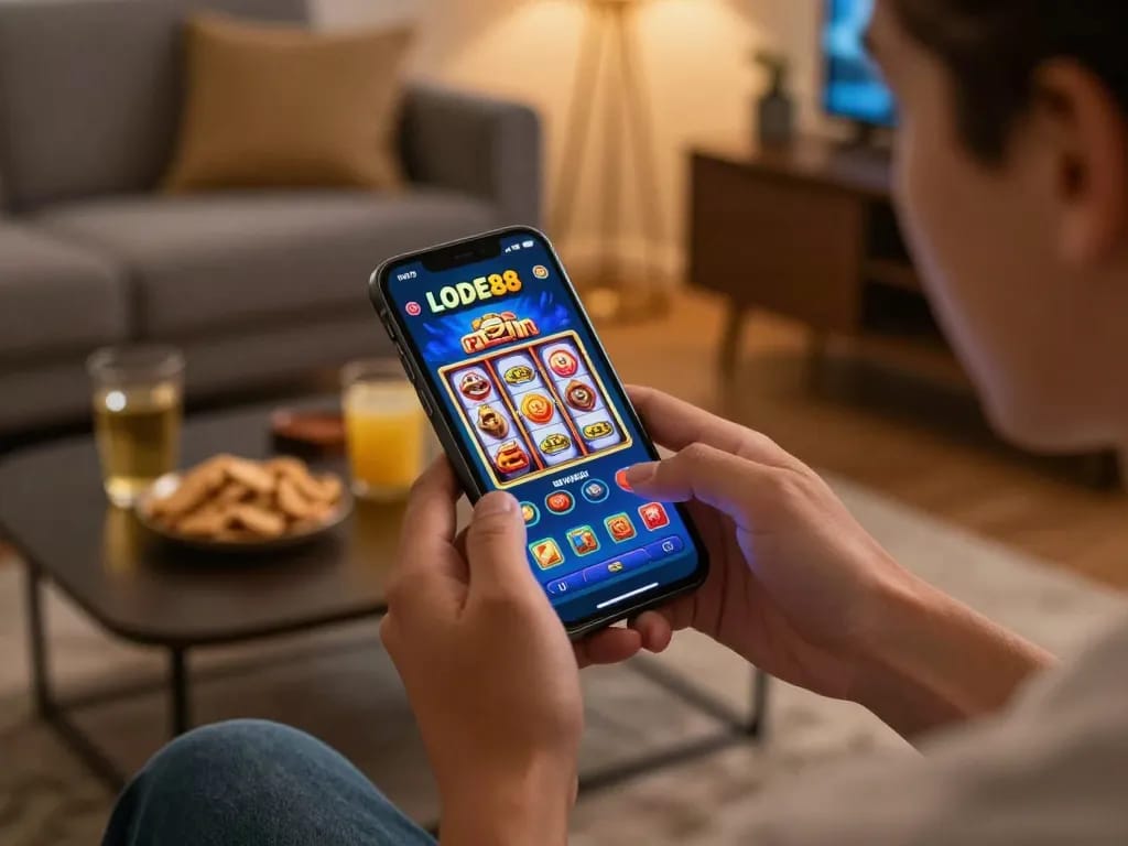 Enjoying LODE88 mobile gaming with dynamic slot reels, creating a cozy home atmosphere.