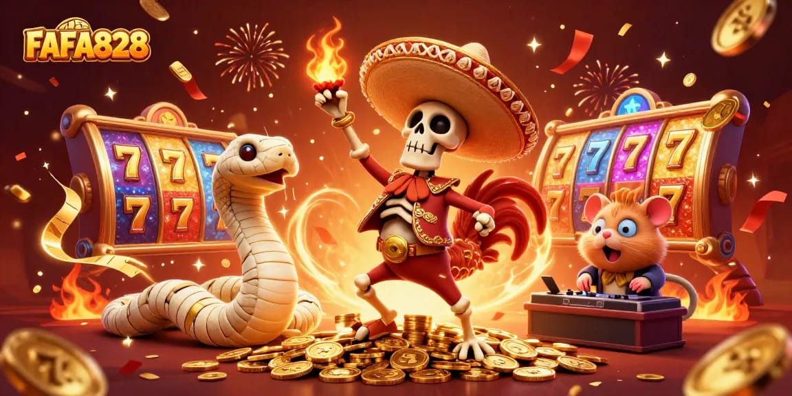 Experience exhilarating gameplay with FAFA828 featuring vibrant slot reels and golden celebrations.