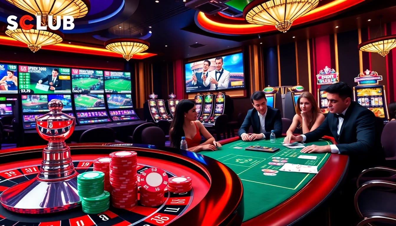 Players engage in an exciting SCLUB88 online gambling session at a luxurious casino.