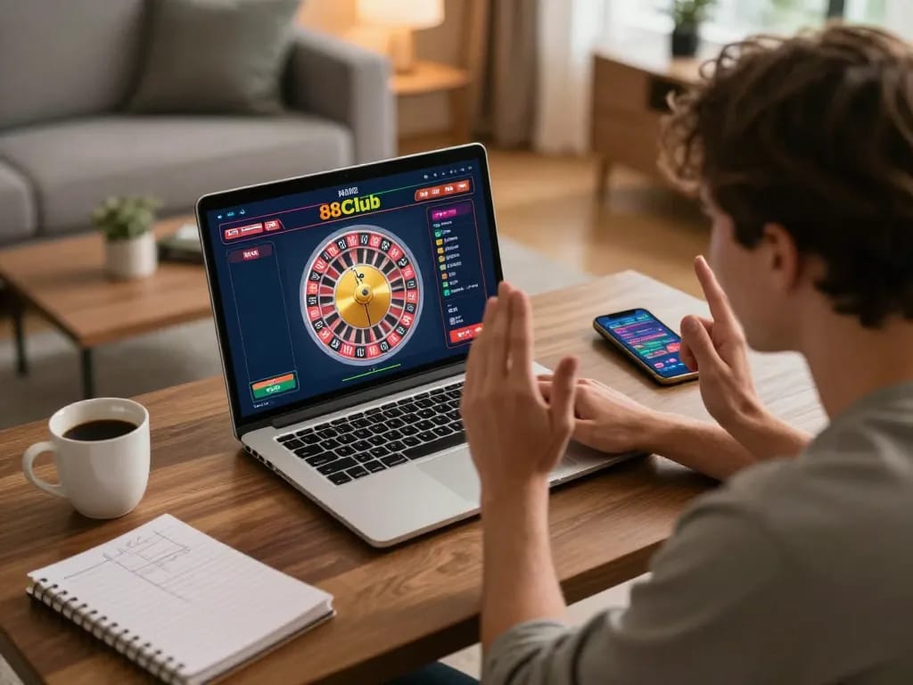 Player celebrating a win on the 88Club live roulette game during an online session at home.