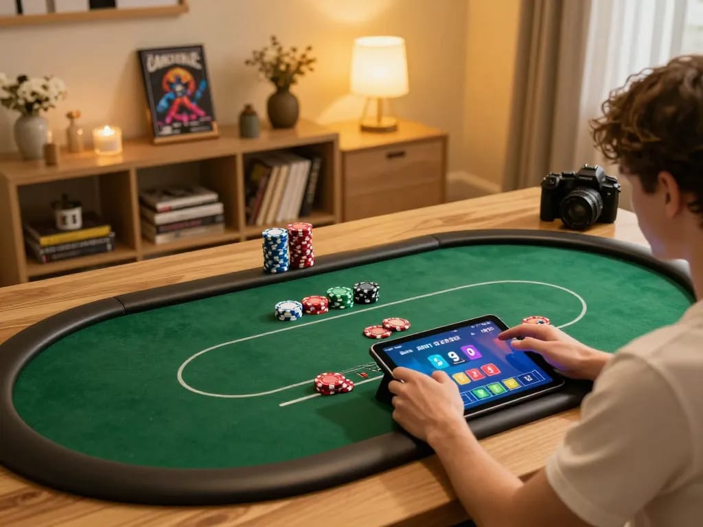 Engaging in online gambling with apk sungaitoto on a tablet at a warm, cozy home setup.