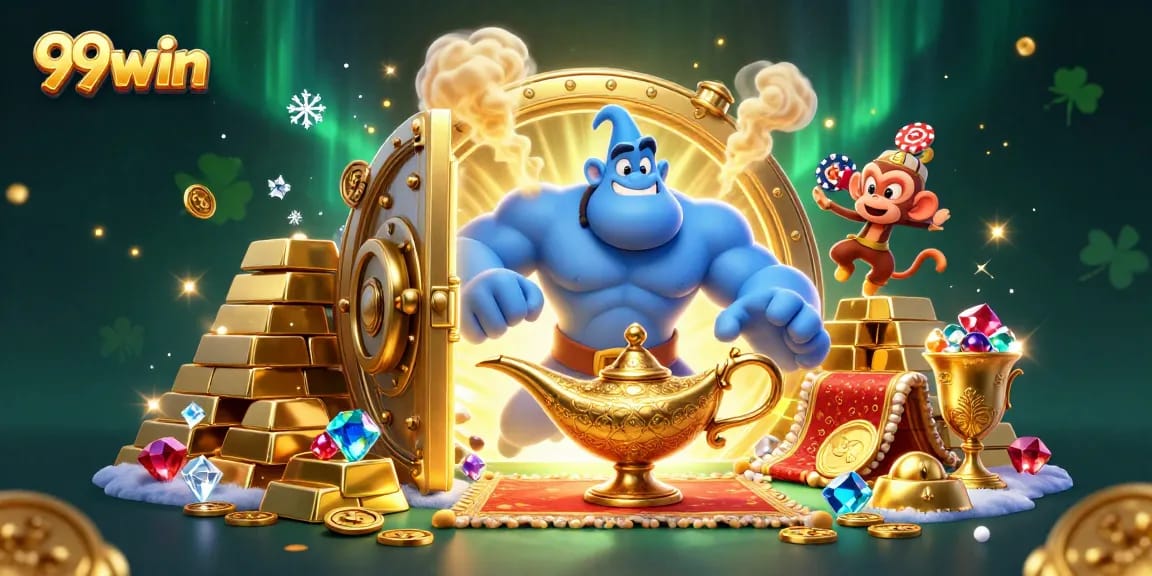 Win big at 99win with a magical genie, poker chips, and golden treasures.