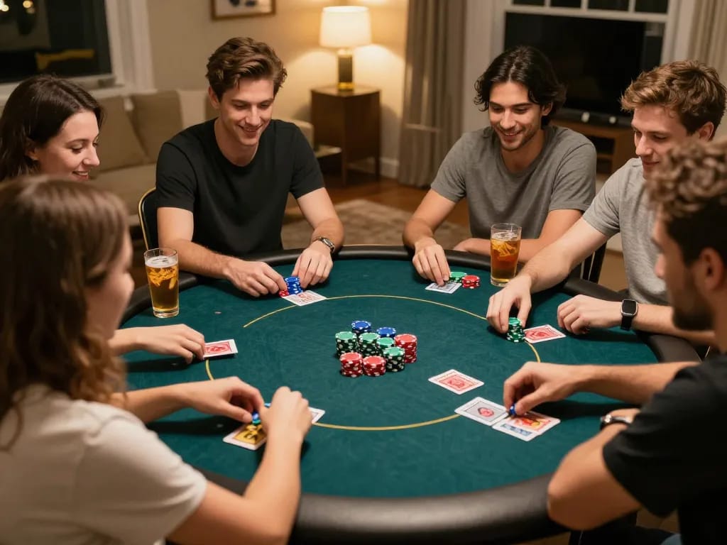 Players engaging in a thrilling Lô Đề game during a lively home poker night.