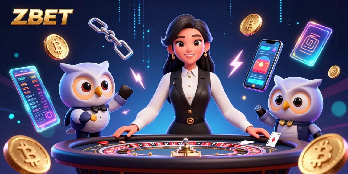 ZBET brings thrilling online gaming with a charismatic dealer at the baccarat table surrounded by crypto coins.